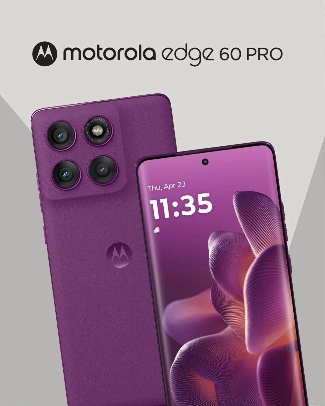 Motorola Edge 60 Pro smartphone in purple color showcasing front and back design