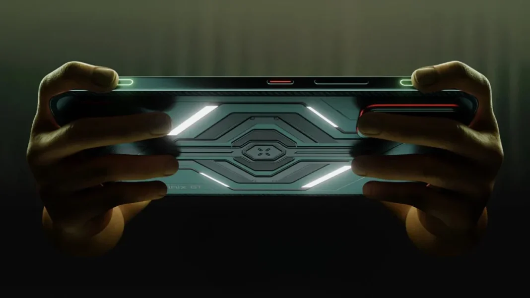 Infinix GT 30 with RGB lighting and shoulder triggers in gaming mode Infinix GT 30 with RGB lighting and shoulder triggers in gaming mode