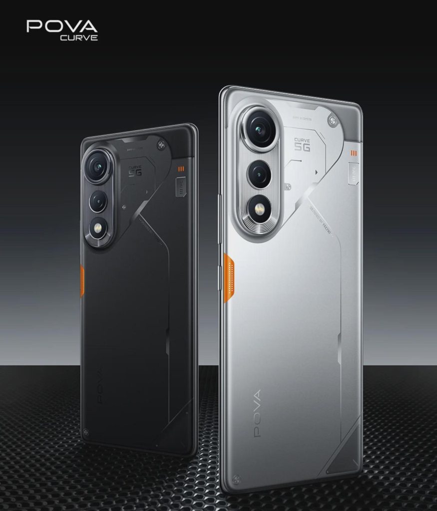 Two TECNO POVA Curve 5G smartphones displayed side by side, one in black and one in silver, showcasing their futuristic rear camera design and sleek finishes