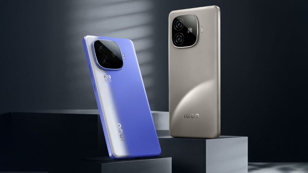 Two iQOO Neo 10R phones, one blue gradient and one gray, showing the back.
